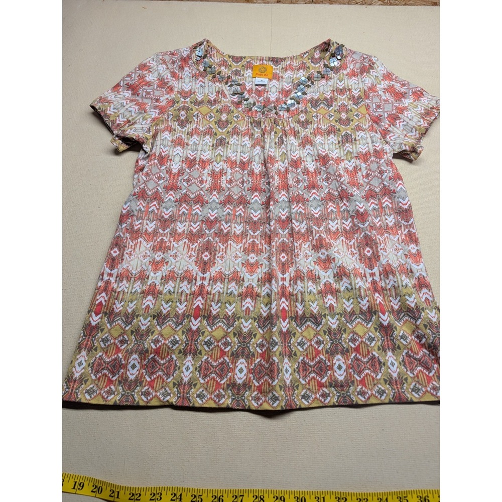 Ruby Rd Women's T Shirt Size M Multi Color Orange Mustard Shell Neckline Boho